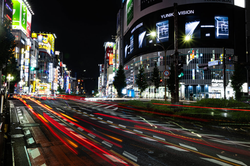 The well light Yasukuni-dori Street.